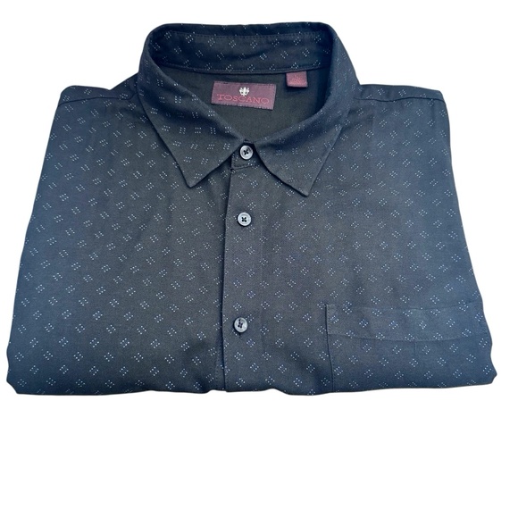 TOSCANO BLACK WITH WHITE DOT DESIGN SILK BLEND SHORT SLEEVE CAMP SHIRT - Picture 1 of 10
